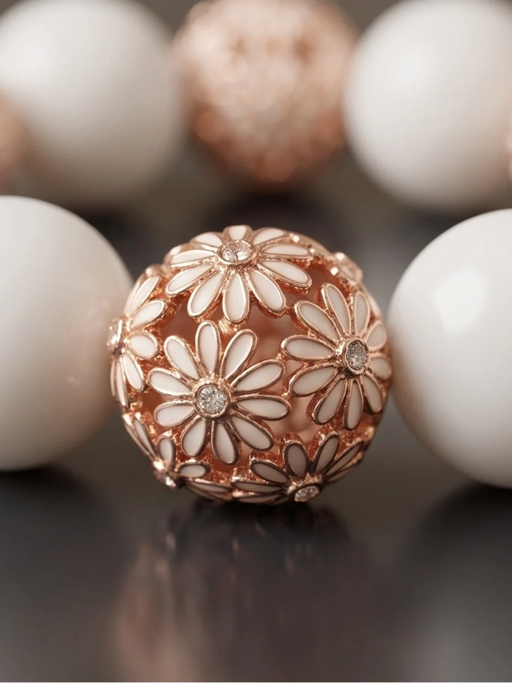 White Beaded Bracelet with Rose Gold Floral Accents